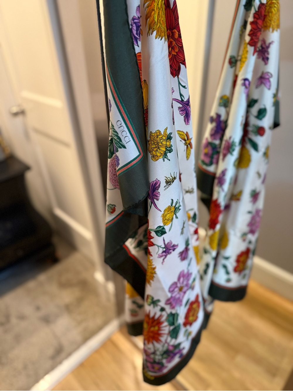 Gucci White Floral Silk Scarf with Green Border
